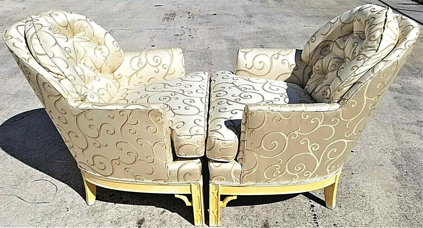 (2) Regency Asian Chinoiserie Style Tufted Barrel Back Club Lounge Armchairs