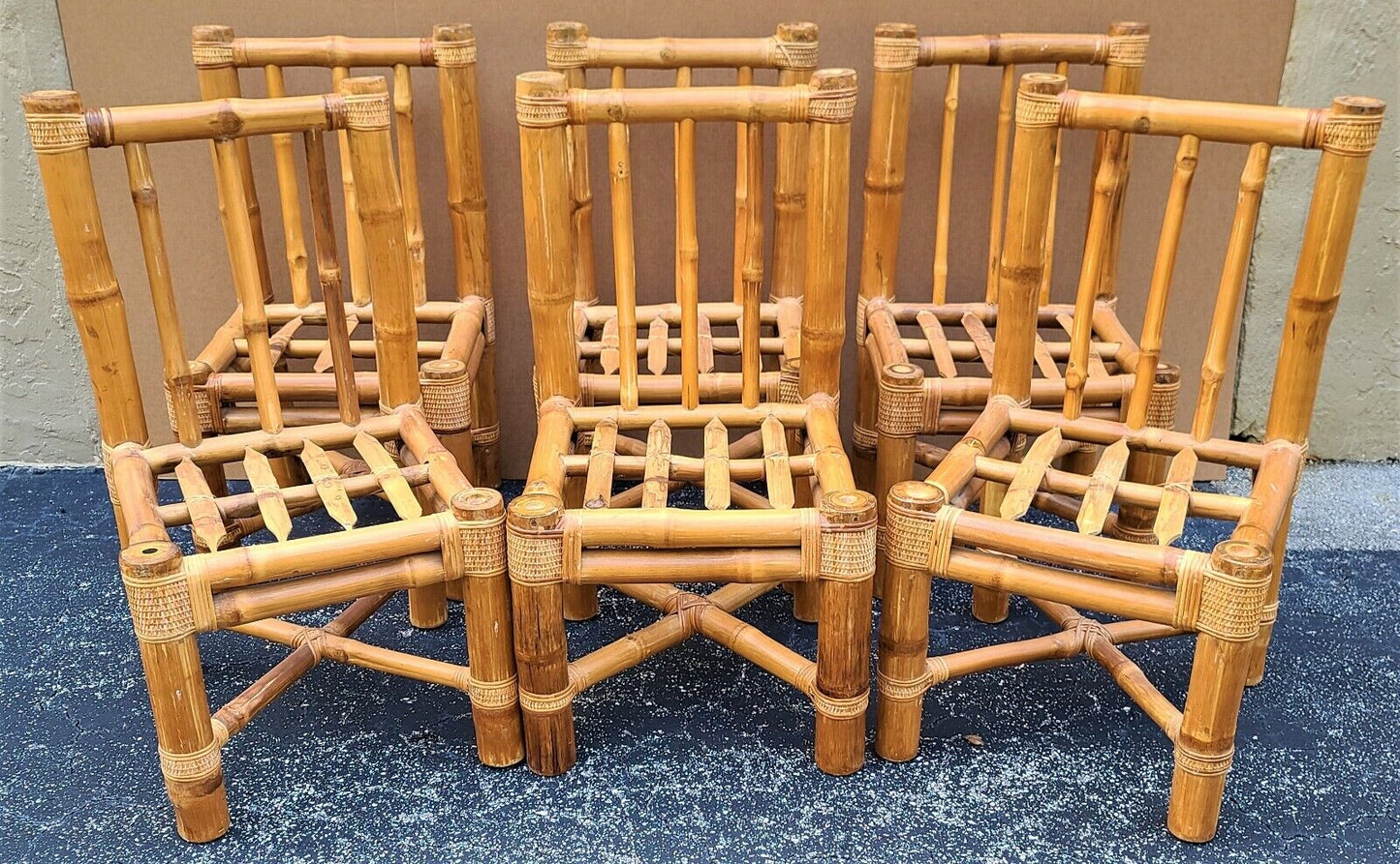(6) Vintage Elephant Bamboo Rattan Wicker Dining Chairs with Cushions by HEINSA