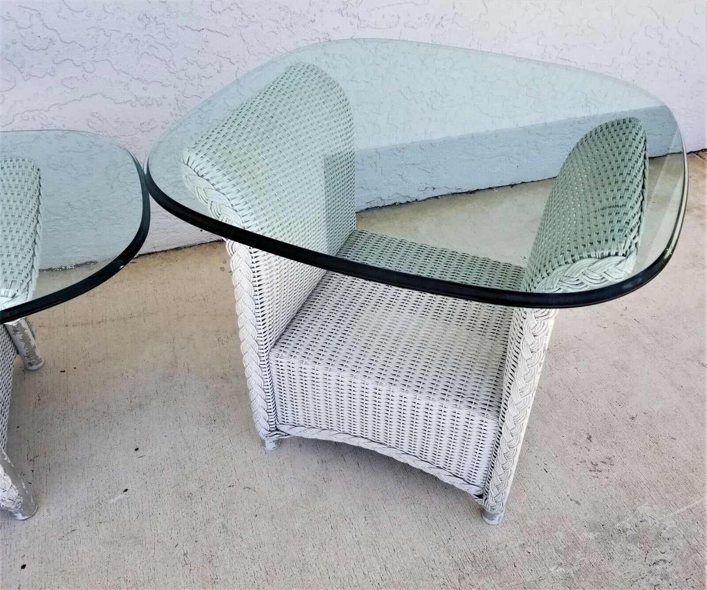 Vintage Set Of 3 LLOYD FLANDERS Loom Wicker Tables w Glass