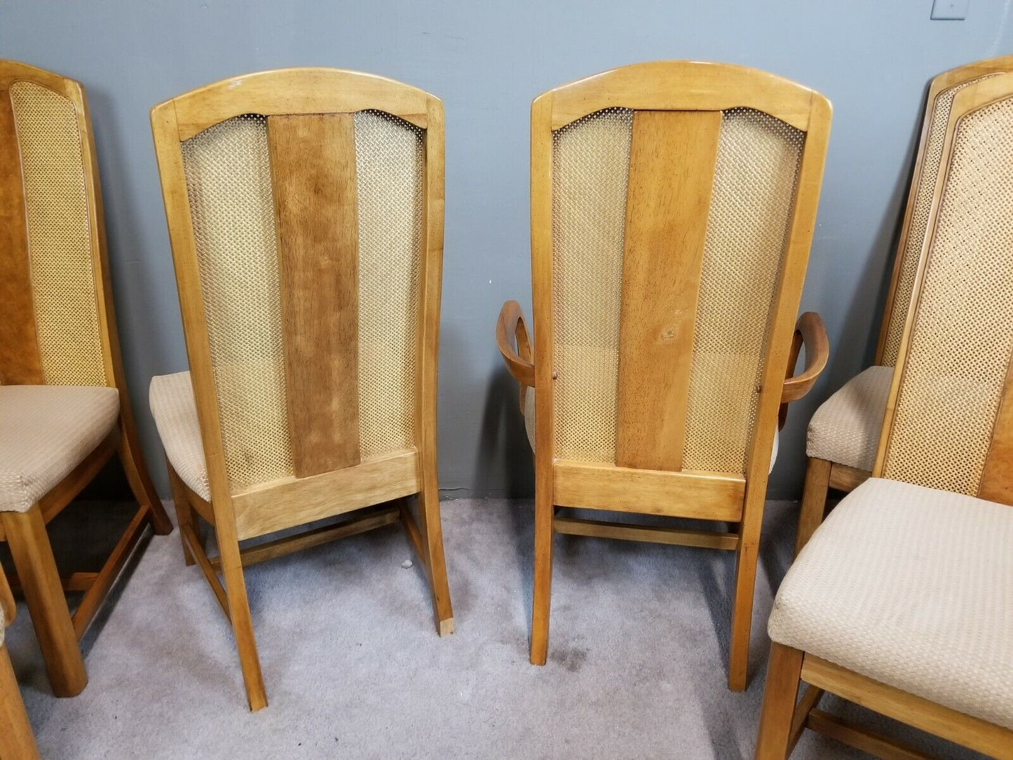 Set of (6) MCM UNIVERSAL FURNITURE Cane + Burl Splat Back Dining Chairs