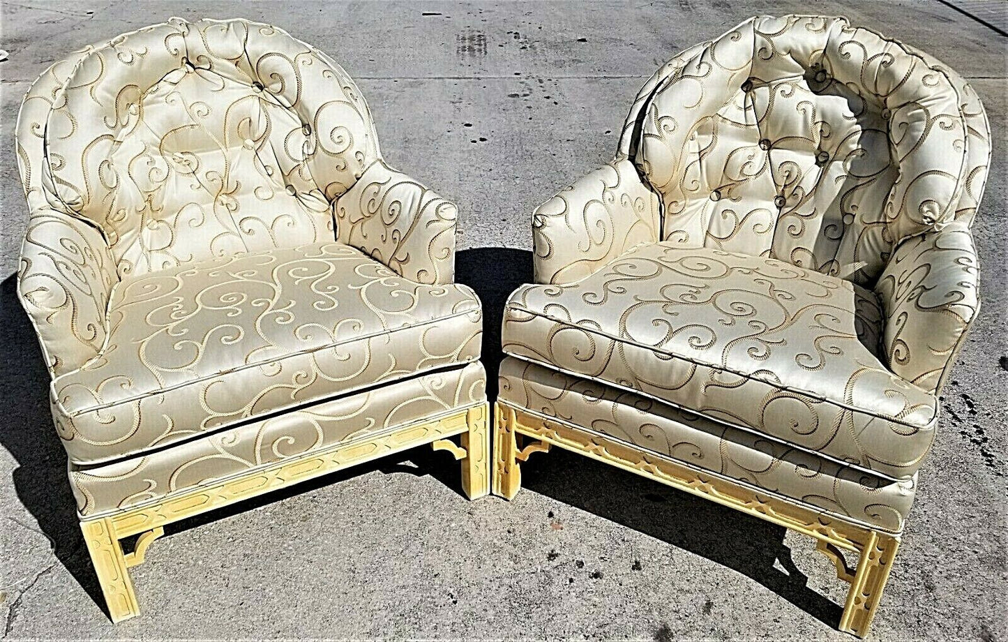 (2) Regency Asian Chinoiserie Style Tufted Barrel Back Club Lounge Armchairs