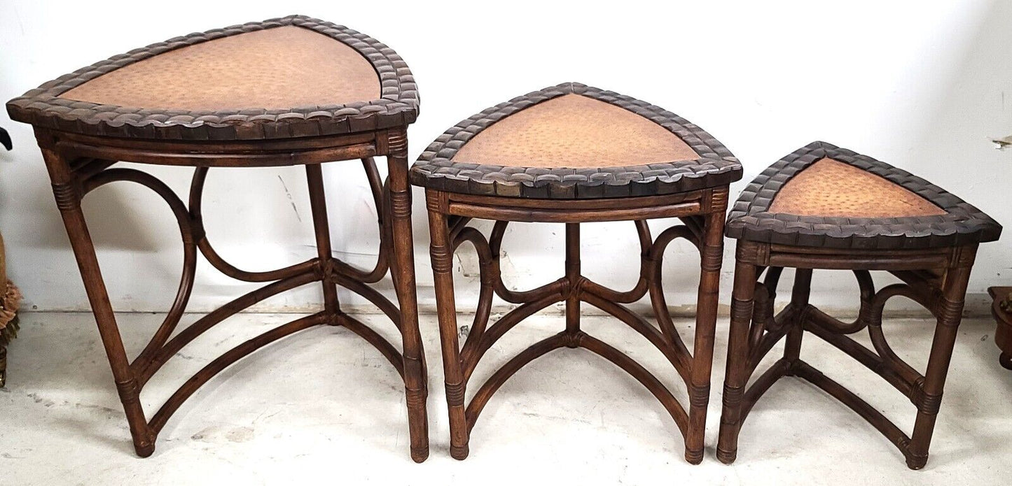 (3) Vintage Bamboo Rattan Coconut Shell Ostrich Nesting Tables