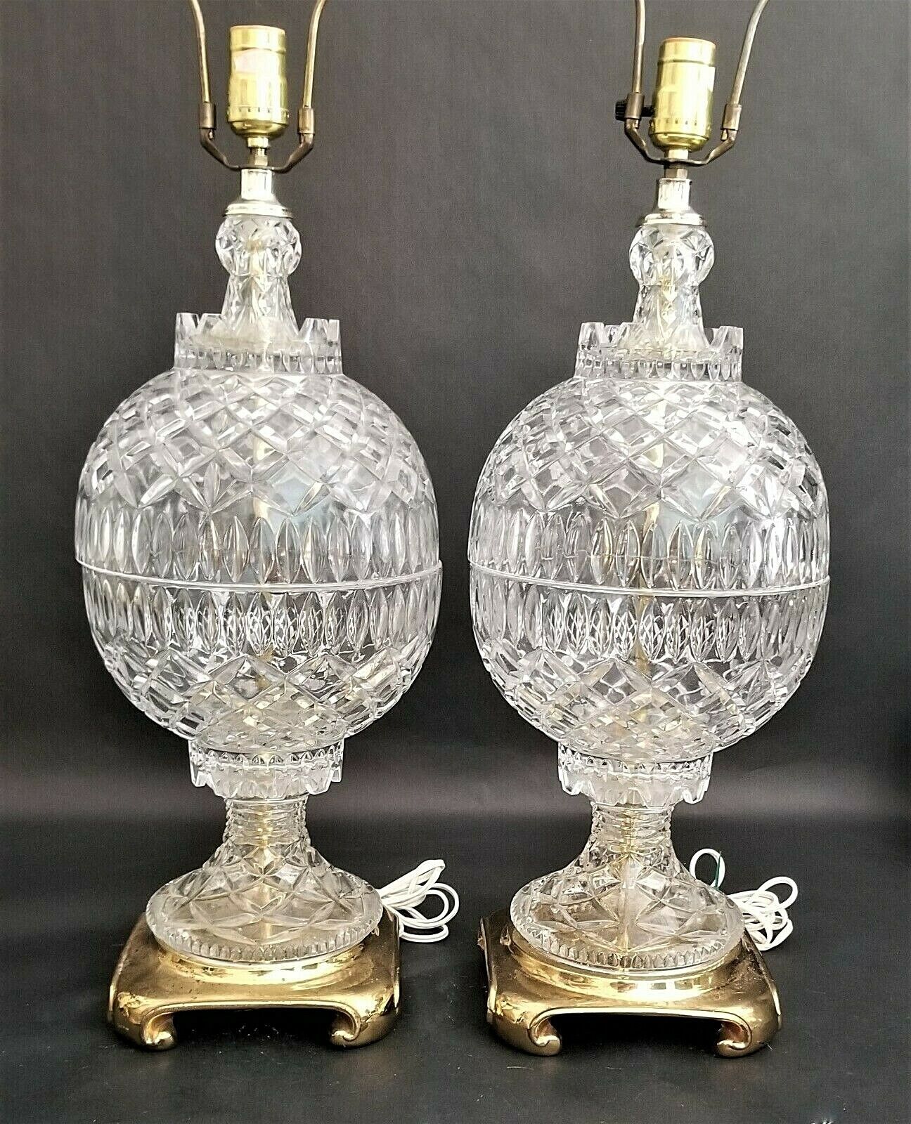 Vintage Large French Cut Lead Crystal Table Lamps - A Pair