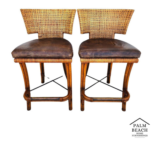Vintage Bamboo Barstools Caned Backs Leather Rattan
