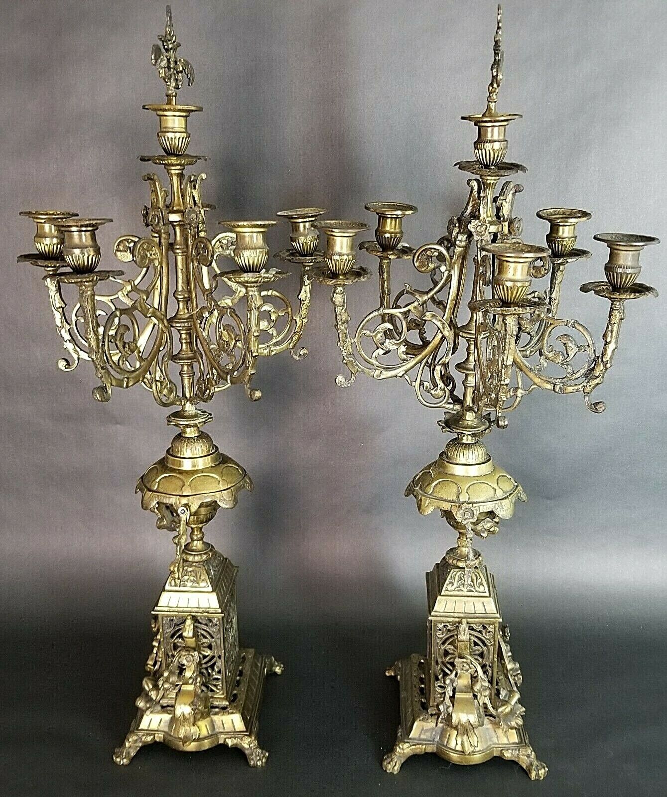 (2) Antique Italian Ornate Bronze French Louis XV Rococo 6 Point Candelabras
