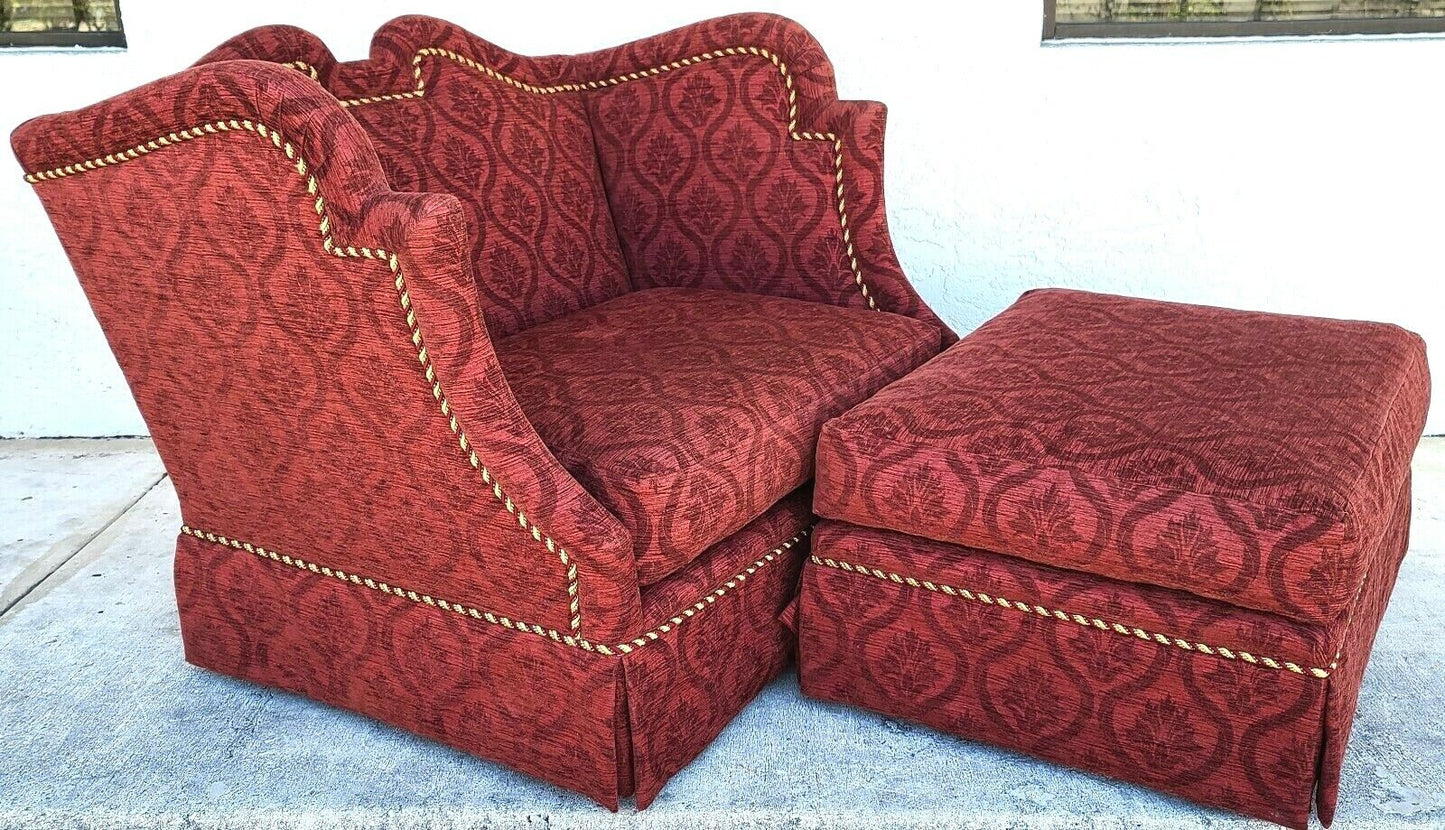 Oversized MARGE CARSON Damask Wingback Chair With Rolling Ottoman