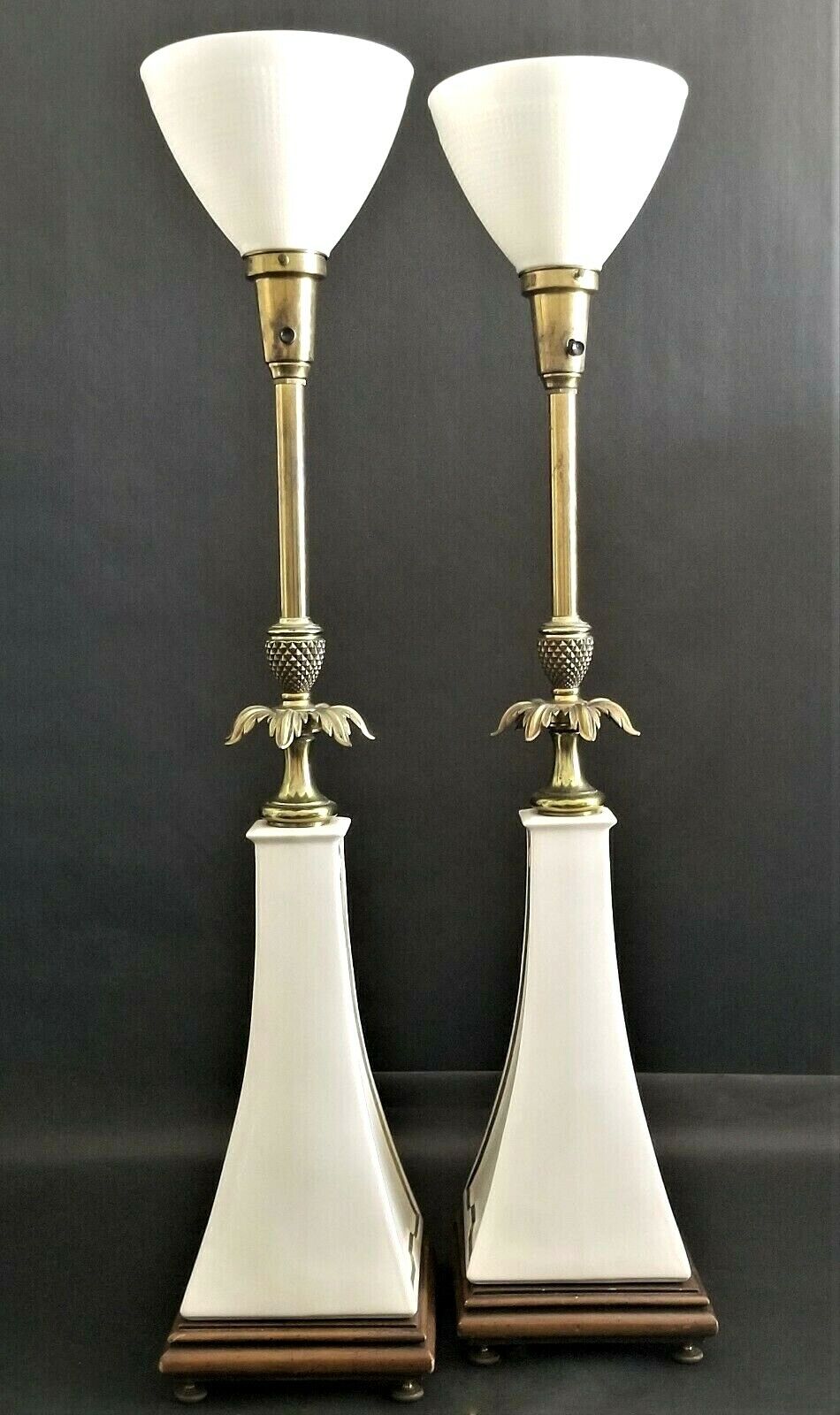 Pair of STIFFEL LENOX Obelisk Torchier Porcelain and Brass Table Lamps
