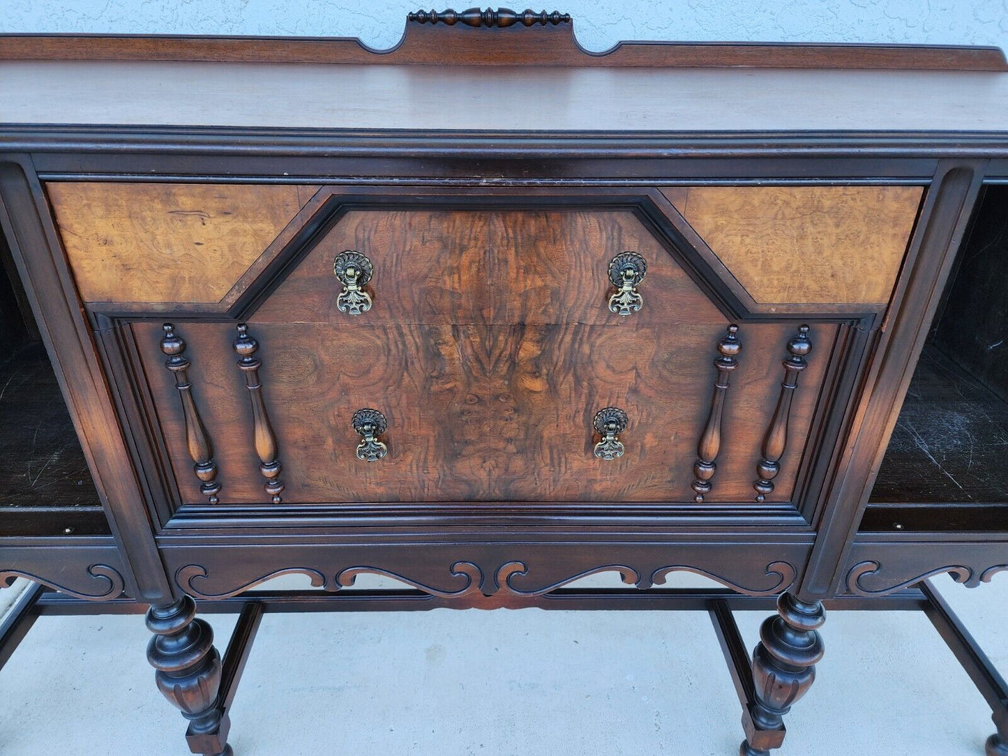 Antique Buffet Sideboard Jacobean Revival Walnut Burled Early 20th Century
