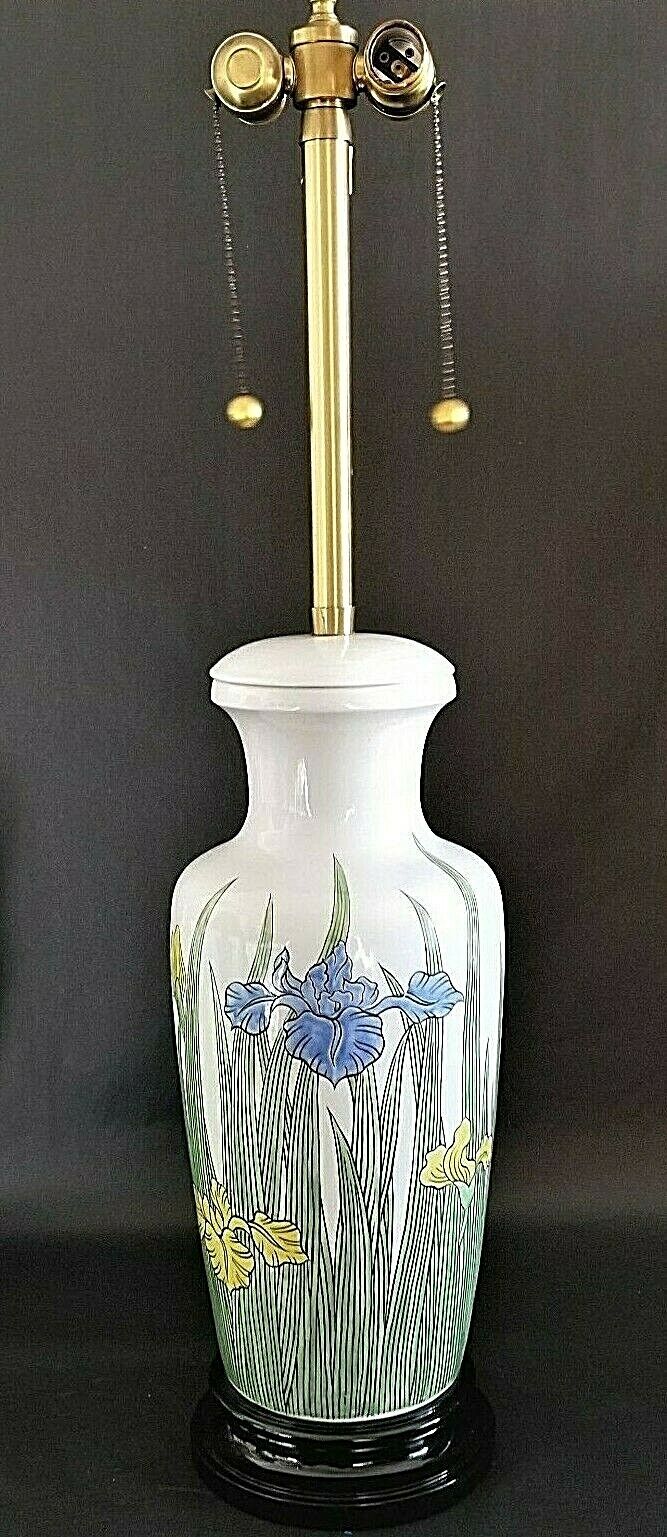 Vintage Large 43" MARBRO White Ceramic Lamp with Yellow and Blue Iris' Wood Base