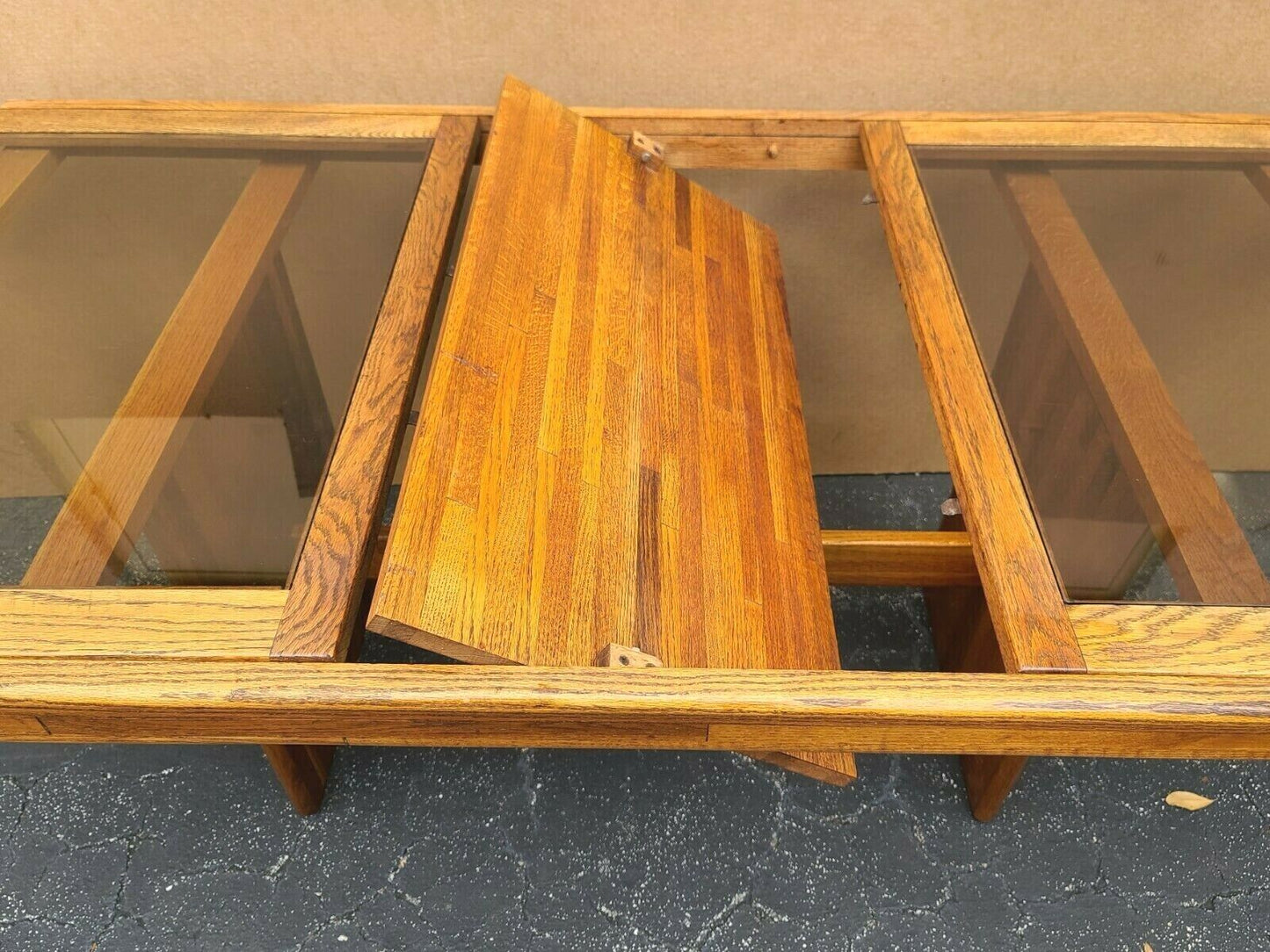 MCM Vintage Solid Teak Smoked Glass Extendable Pop Up Leaf Dining Table