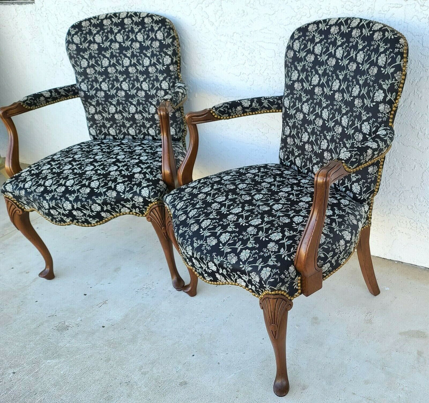 Vintage French Country Provincial Walnut Fauteuil Armchairs - A Pair