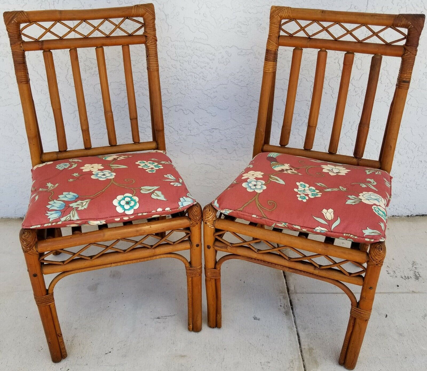 (2) Vintage MCM Bamboo Rattan Side Dining Accent Chairs