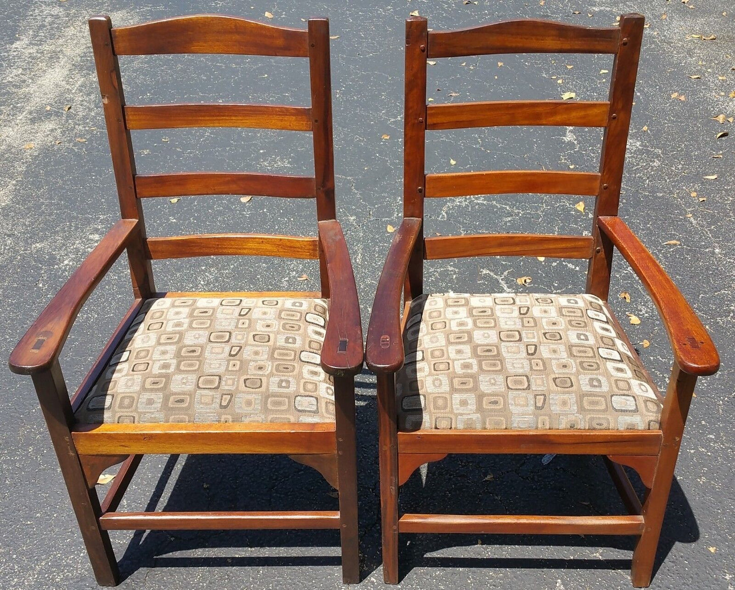 Pair of Antique Wood Ladder Back Dining Accent Armchair Rustic Pegged No Nails