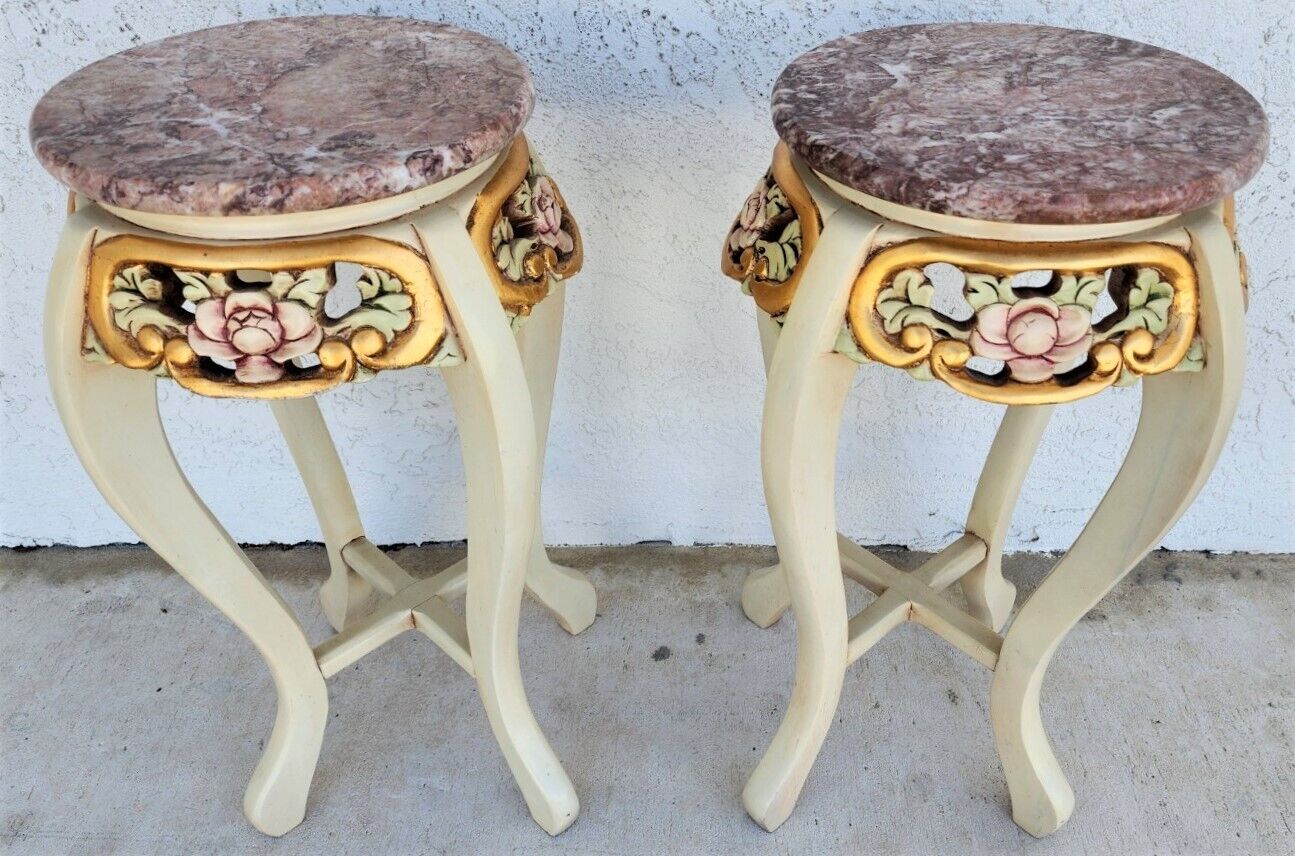French Side Tables Gold Leaf Gilt Marble Tops