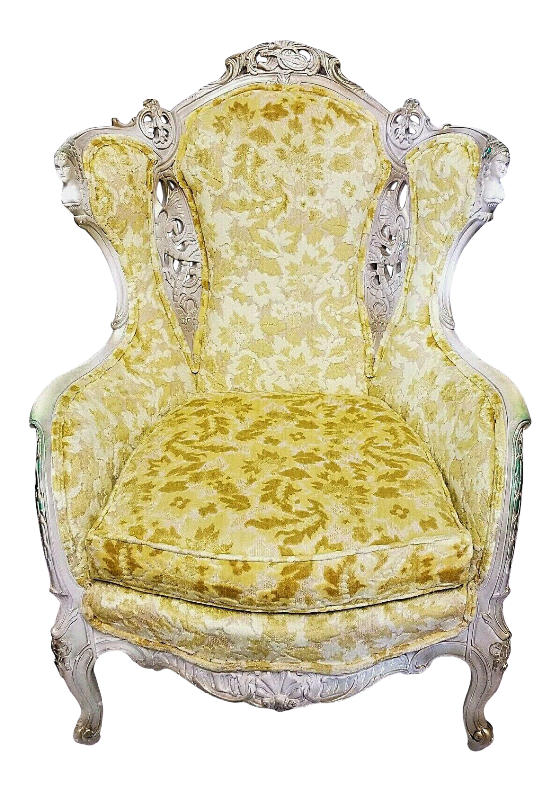 EUC! Antique French Louis XV Rococo Hand Carved Burnout Velvet Wing Back Chair