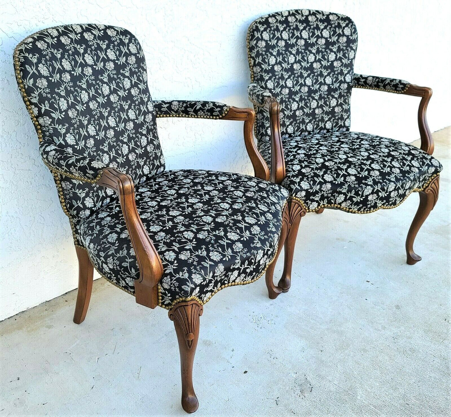 Vintage French Country Provincial Walnut Fauteuil Armchairs - A Pair