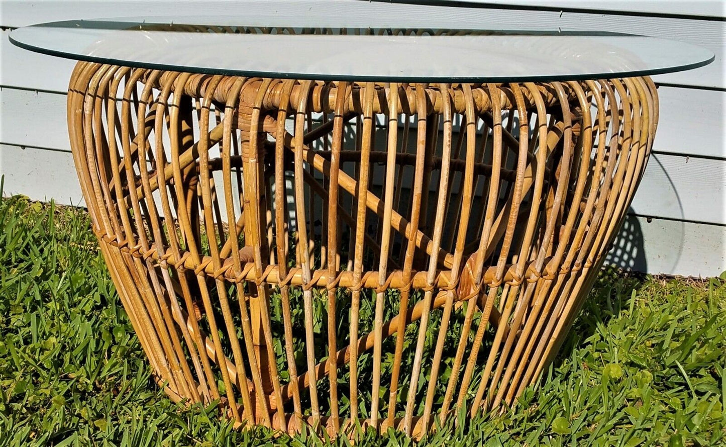 FRANCO ALBINI Style MCM Bamboo Rattan Wicker Bentwood Coffee Table w Glass