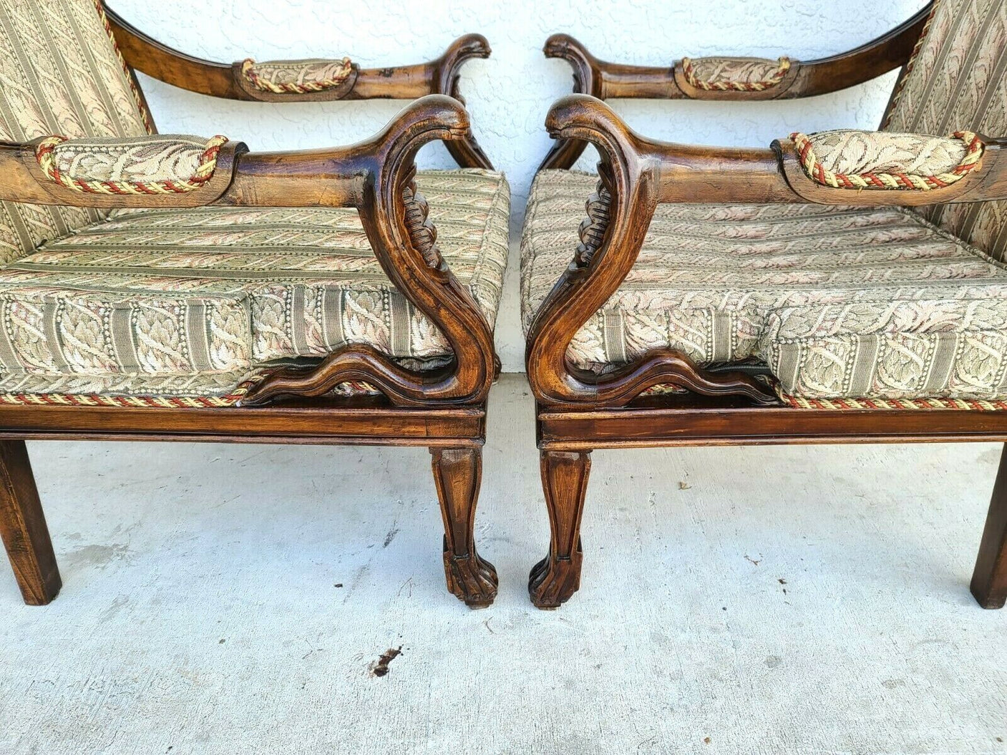 Egyptian Revival Carved Cobra & Isis Wings Mahogany Armchairs - A Pair