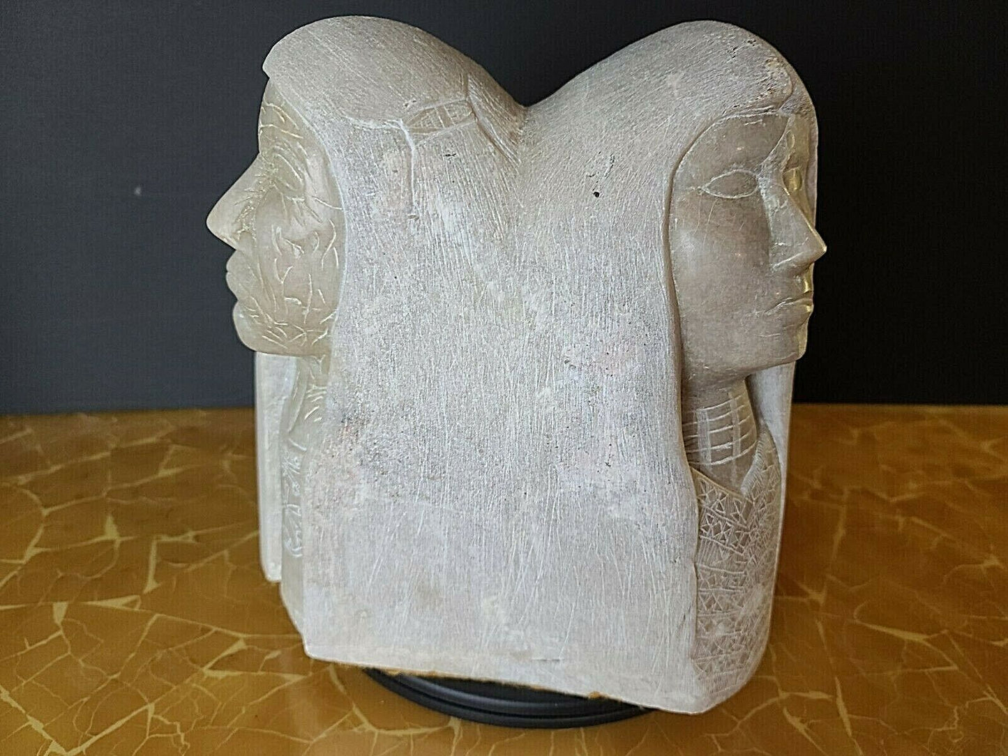 Monumental Signed Native American Alabaster Sculpture Man Woman Child Village
