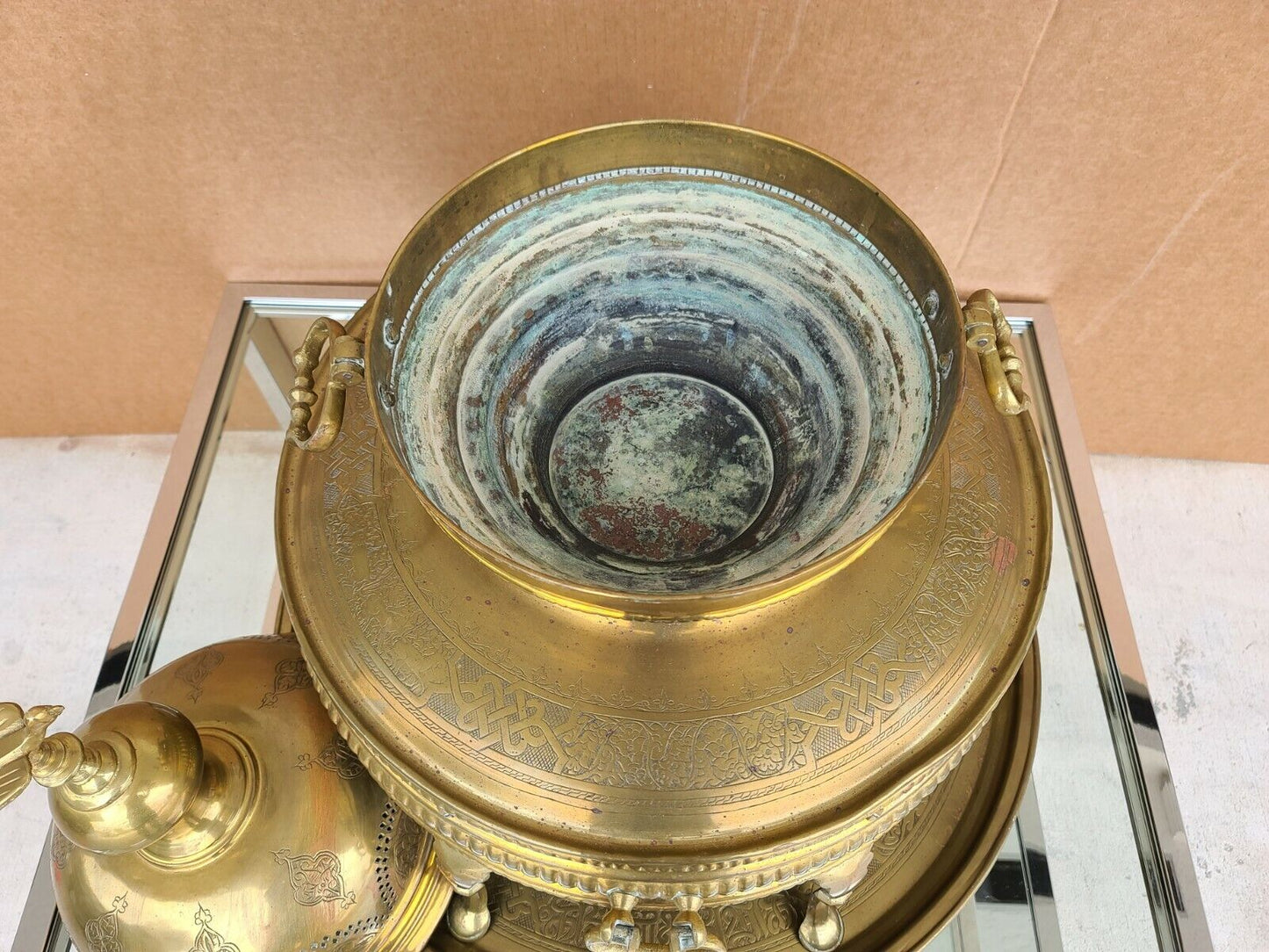 Large 30" Antique c 1900 Arabic Fire Pit Ceremonial Brazier with Matching Tray