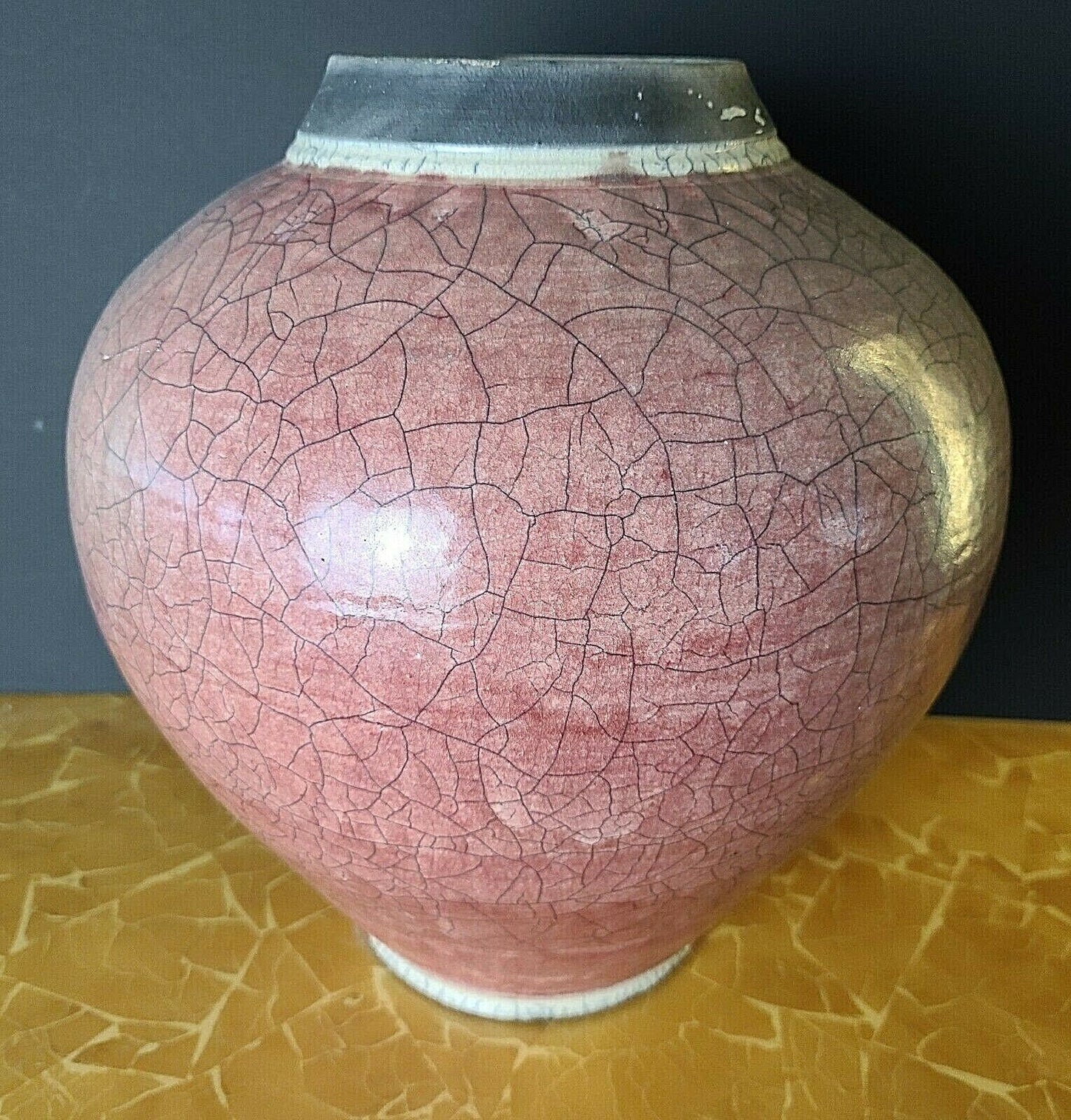 Large Signed Native American Style 2 Tone Crackle Glaze Raku Pottery Vase