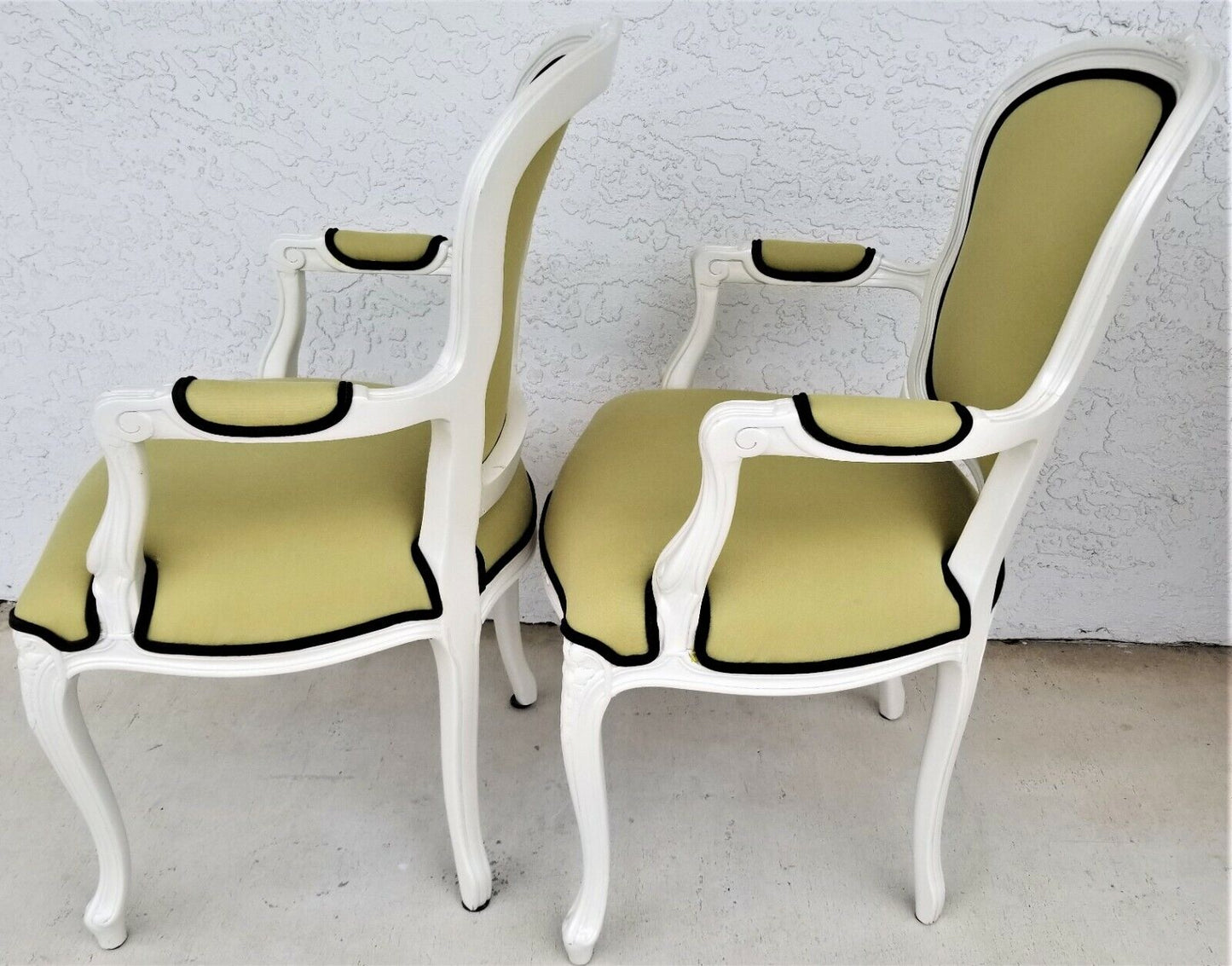 (2) Vintage French Provincial Louis XV Pearled White Carved Wood Armchairs