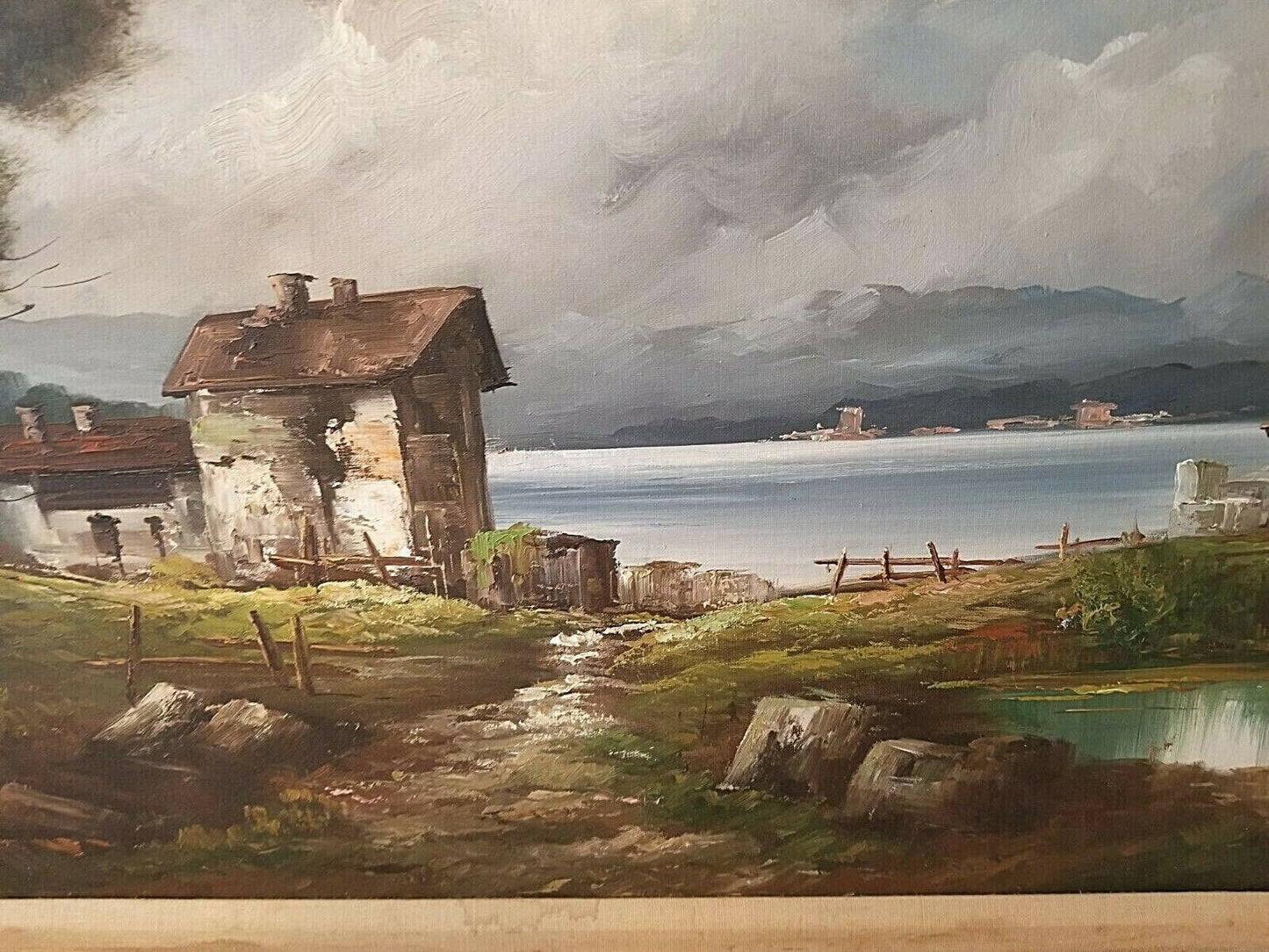 Wonderful Mid Century Artist Signed Italian Lakeside Landscape Oil Painting