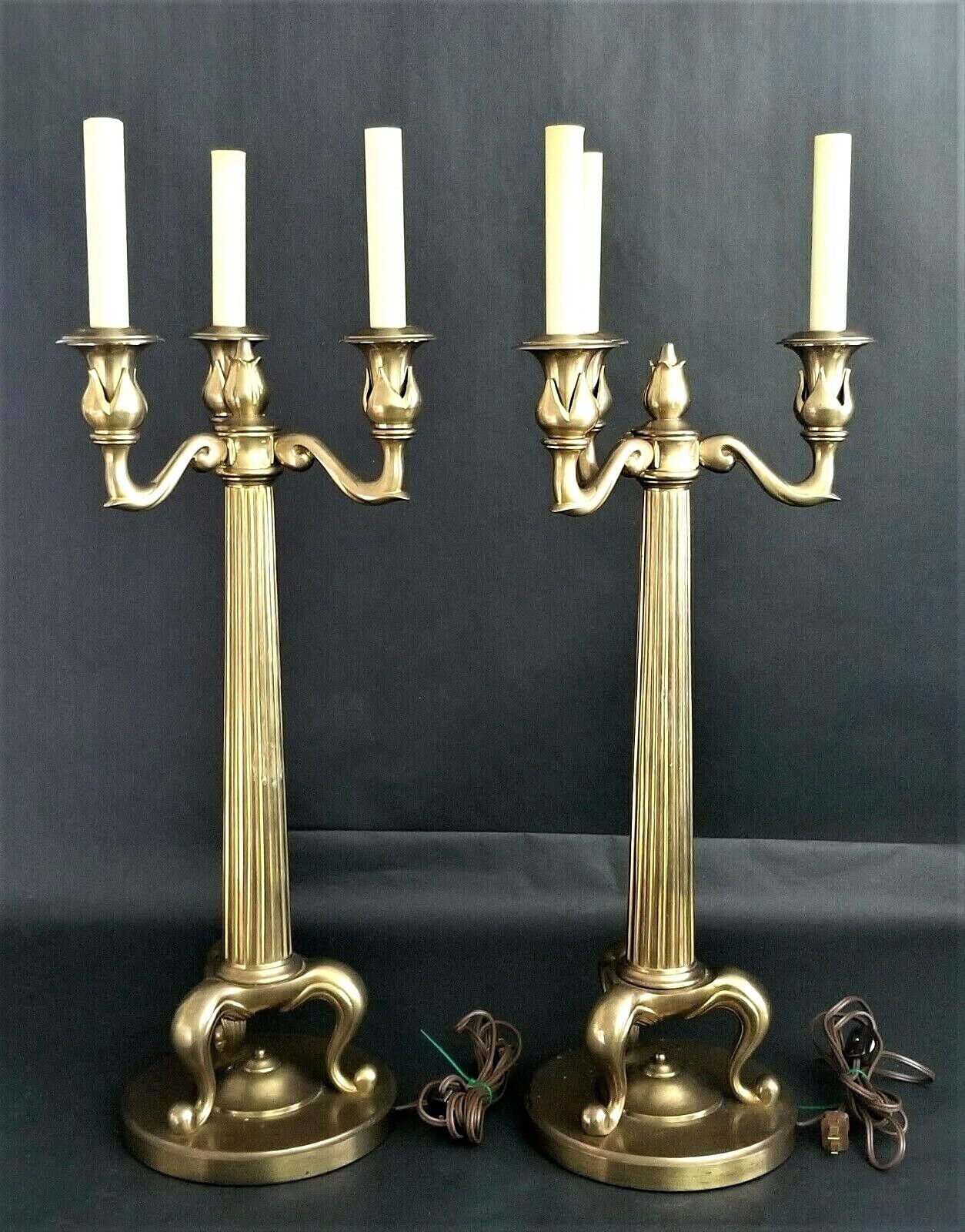 Pair of 1986 CHAPMAN Heavy Brass Candelabra Fluted Column Table Lamps