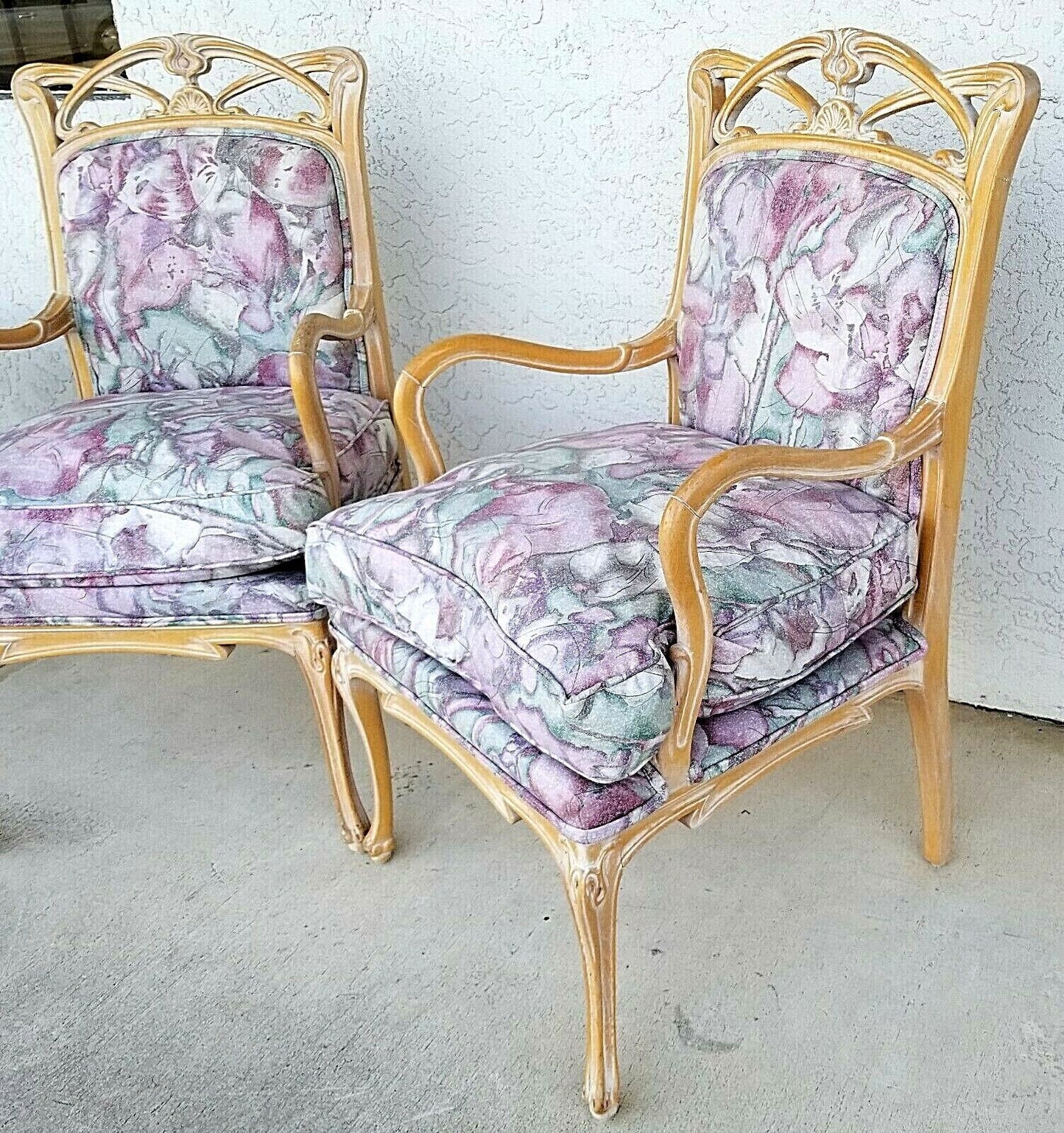 (2) French Provincial Fauteuil Carved Wood Upholstered Accent Chairs Armchairs