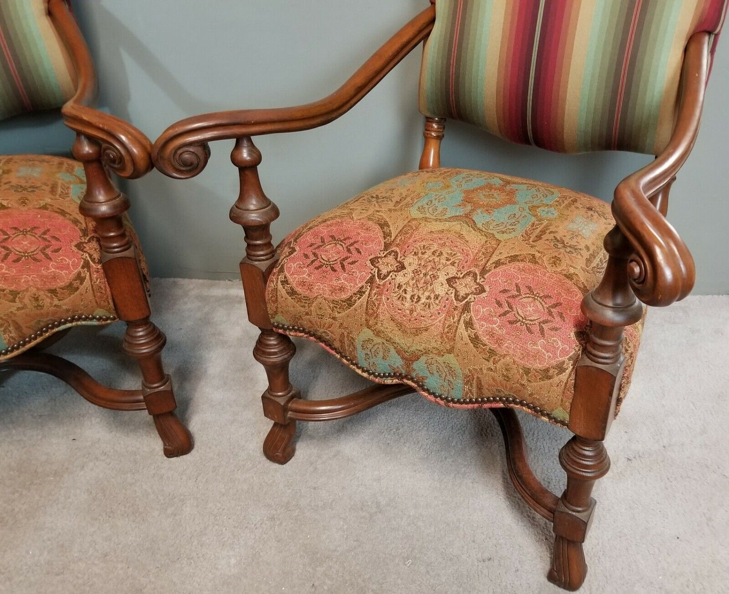 Pair of Antique 1930's French Louis XIV Style Carved Throne Armchairs