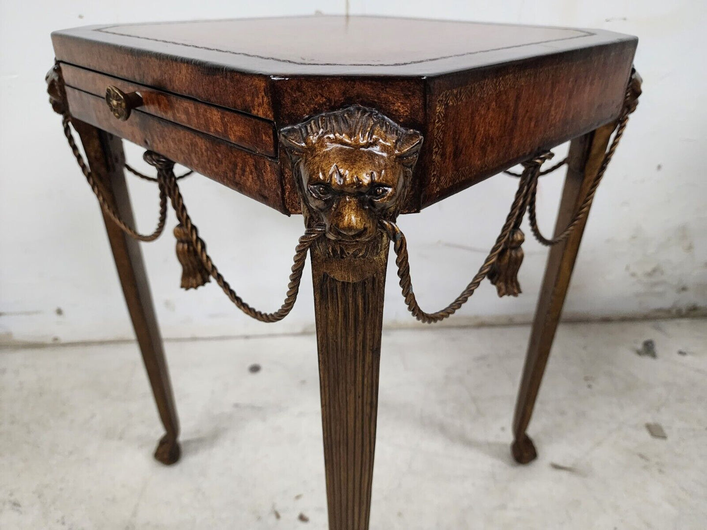 Maitland Smith Style Bronze Lions Rope & Tassel Side Drink Table