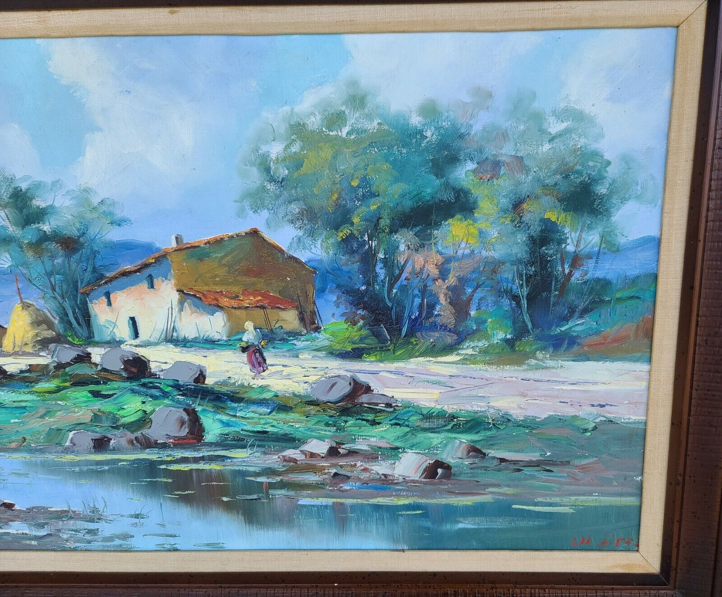 Vintage Signed Cityscape Village Landscape Oil Painting Framed
