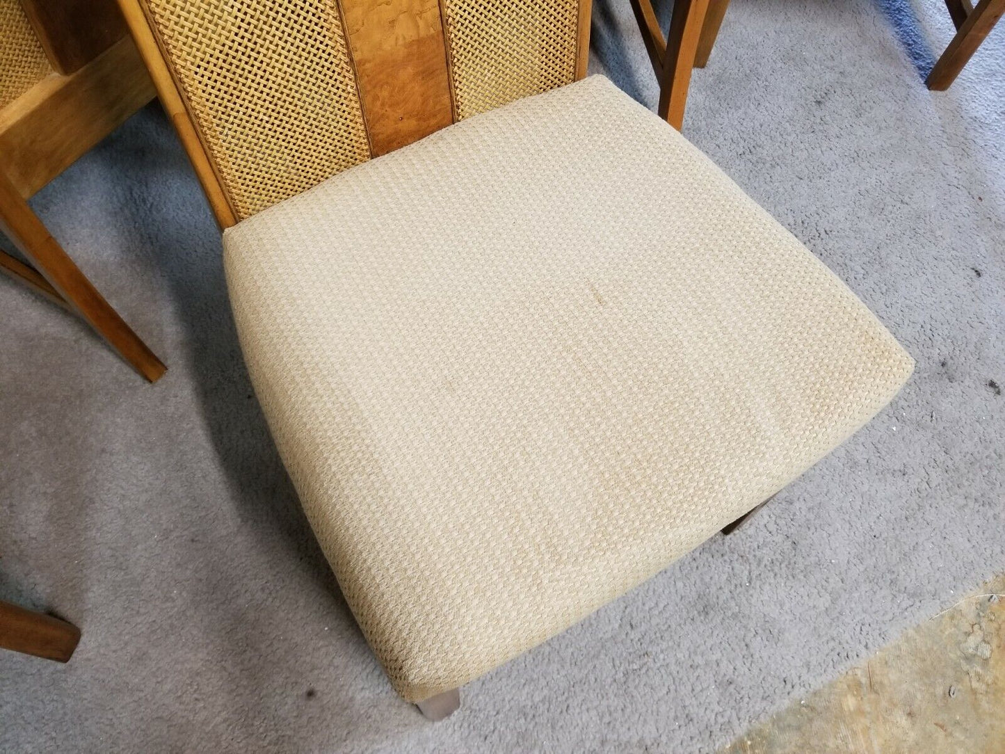 Set of (6) MCM UNIVERSAL FURNITURE Cane + Burl Splat Back Dining Chairs