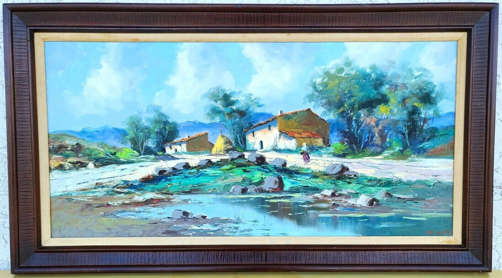 Vintage Signed Cityscape Village Landscape Oil Painting Framed