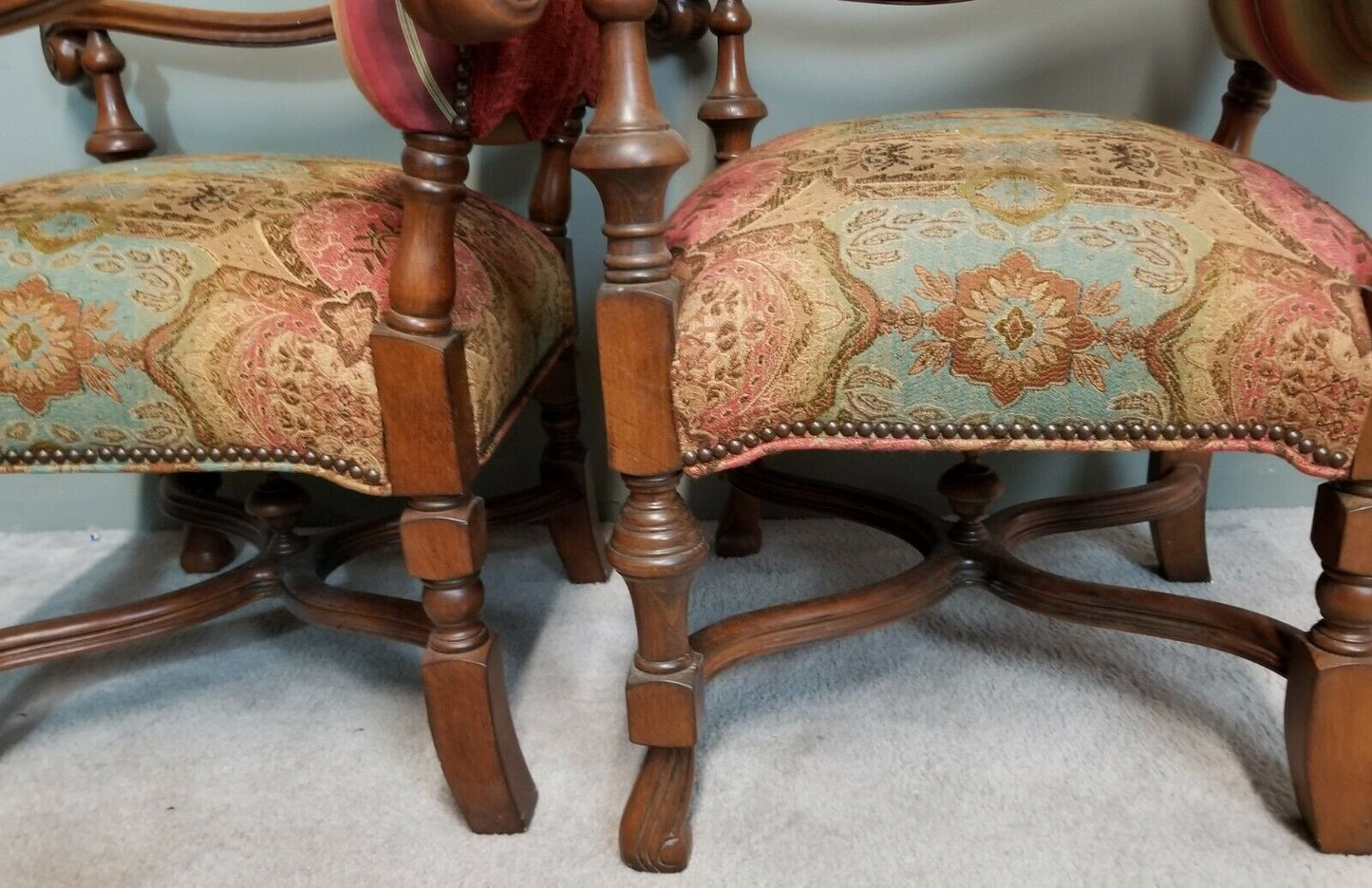 Pair of Antique 1930's French Louis XIV Style Carved Throne Armchairs