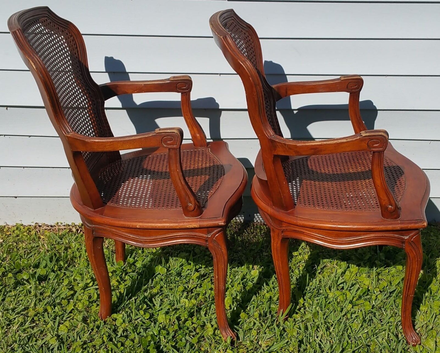 Pair of Vintage Louis XV French Provincial Country Cane Back & Seat Armchairs