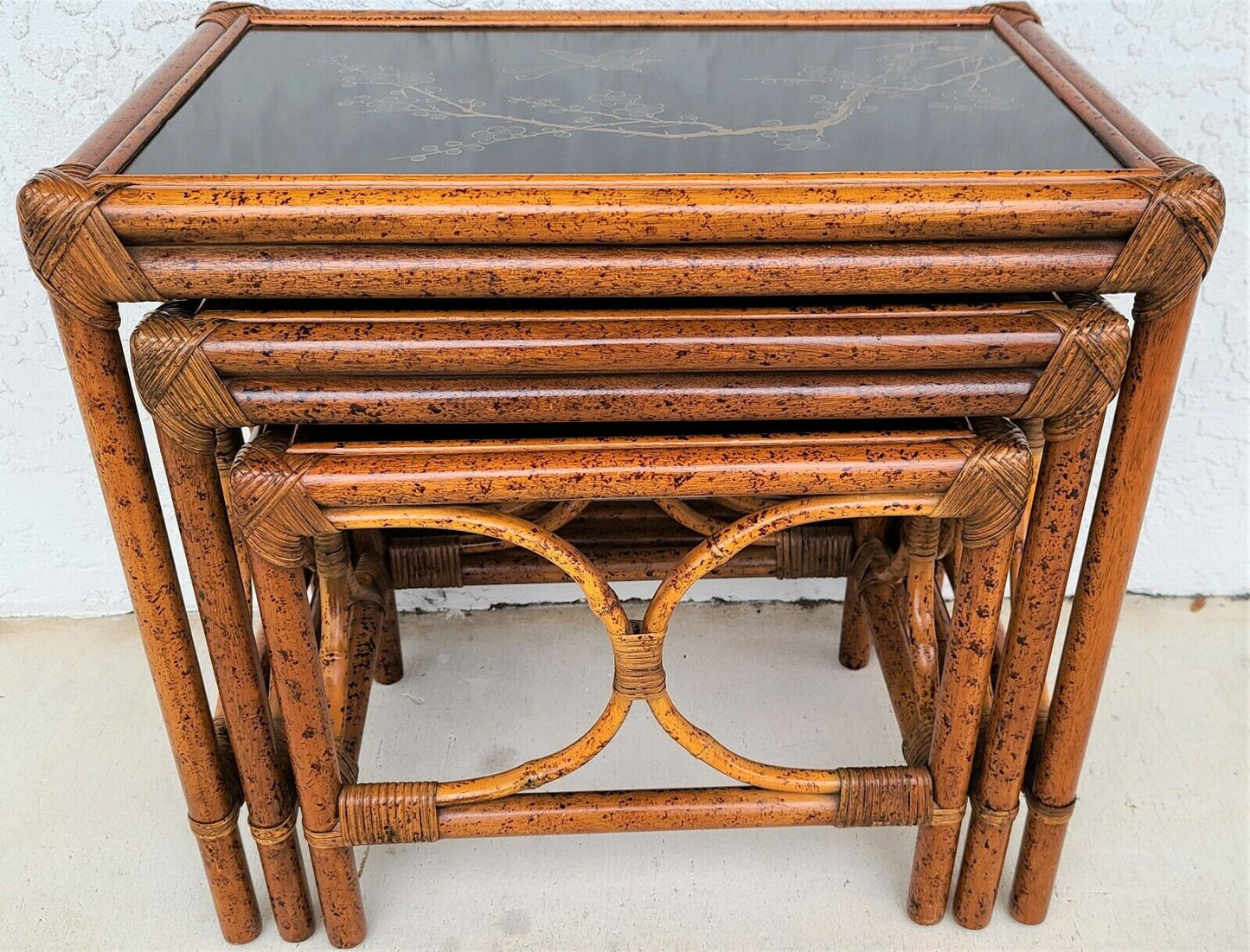 (3) Vintage Tiger Bamboo Rattan Nesting Tables