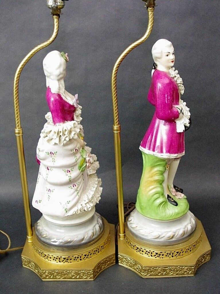 Vtg Pair Dresden Continental Chantilly Figural Victorian Porcelain Table Lamps