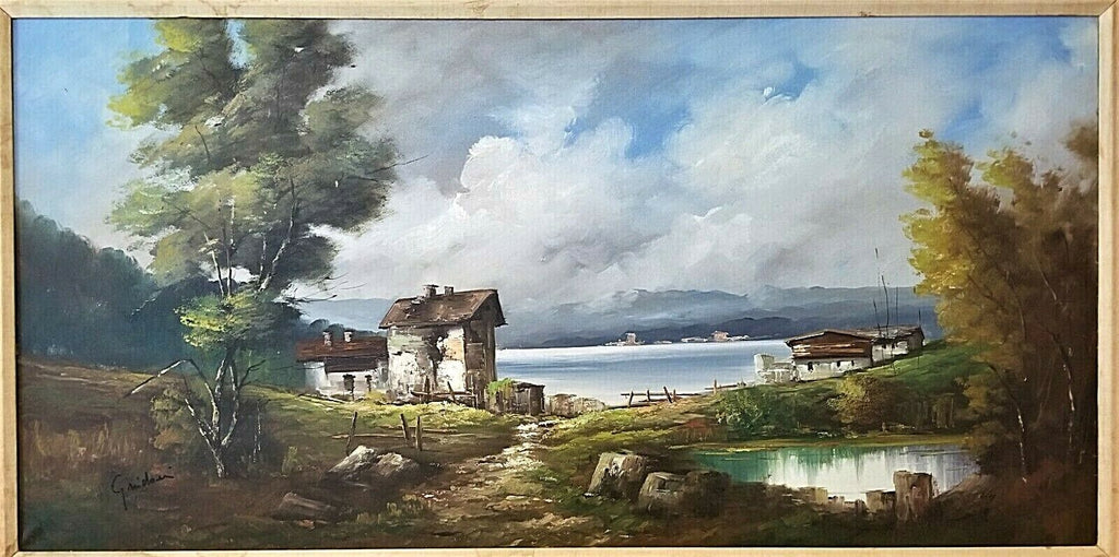 Wonderful Mid Century Artist Signed Italian Lakeside Landscape Oil Painting