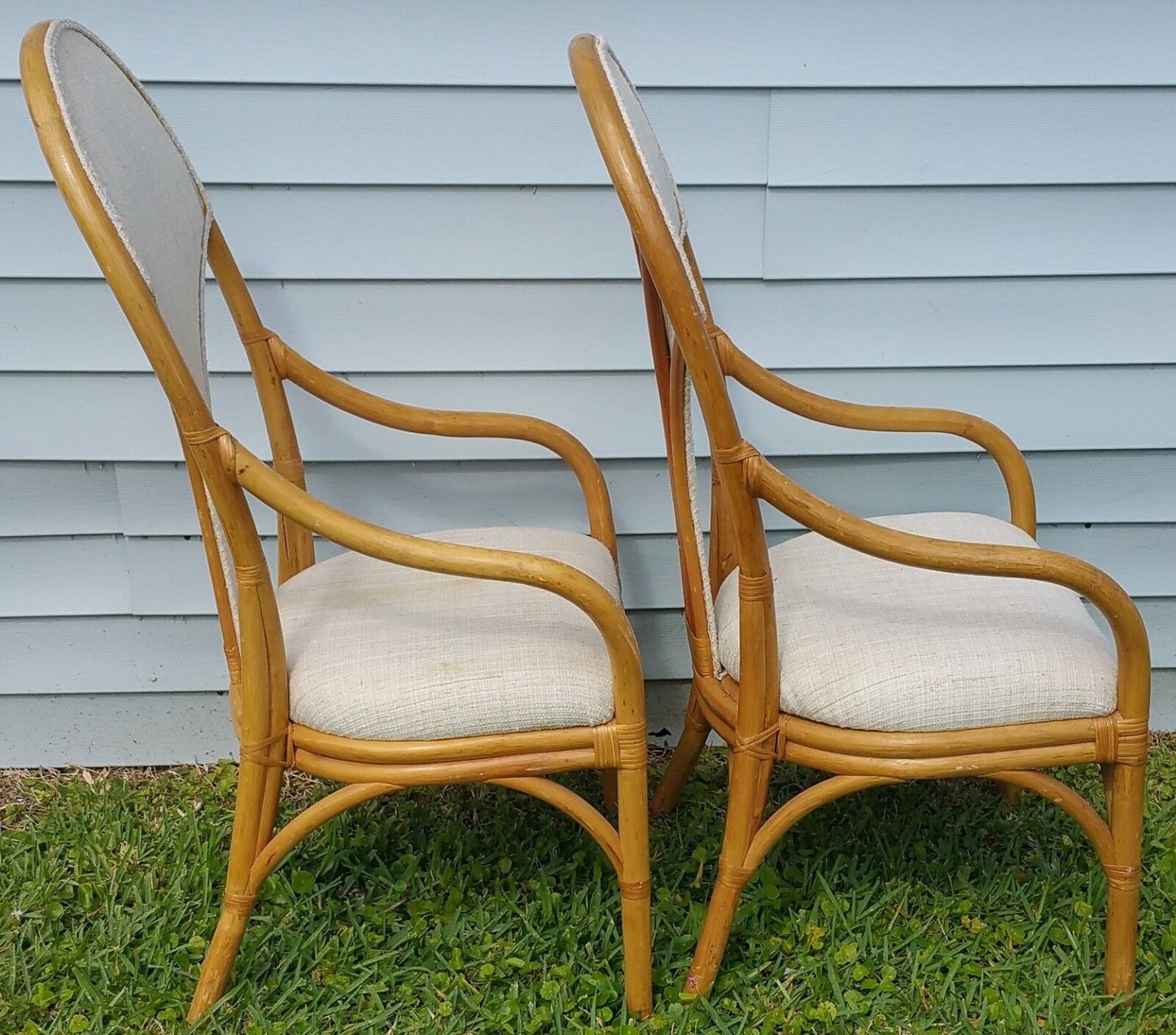 Mid Century Modern Regency Bamboo Bentwood Rattan Fan Back Armchairs - Set of 2