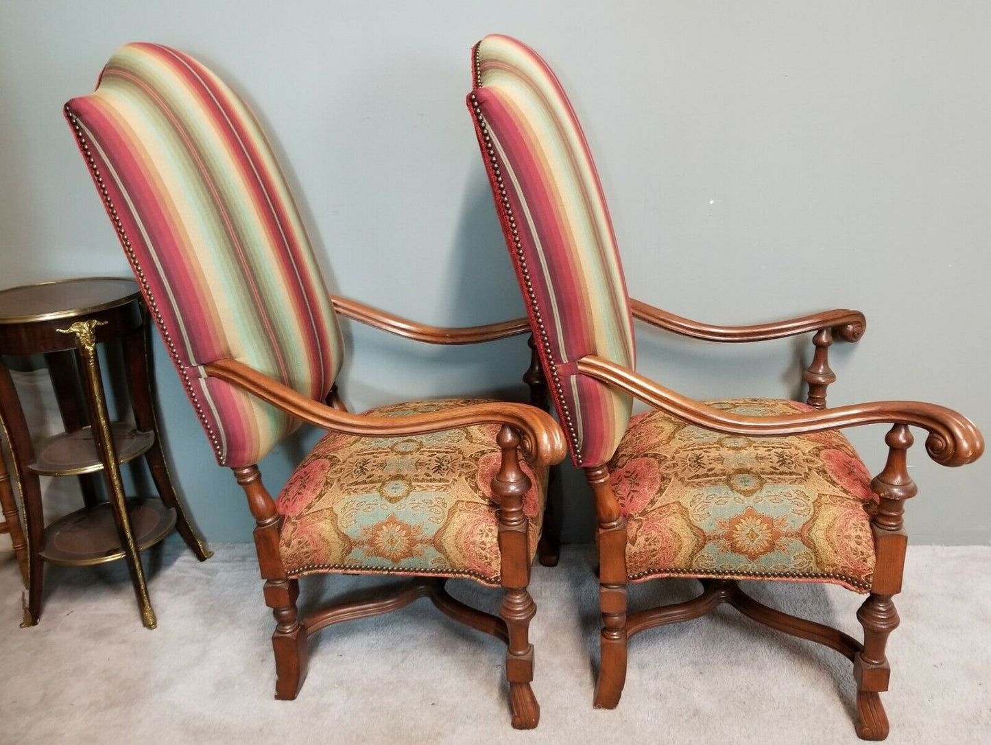 Pair of Antique 1930's French Louis XIV Style Carved Throne Armchairs