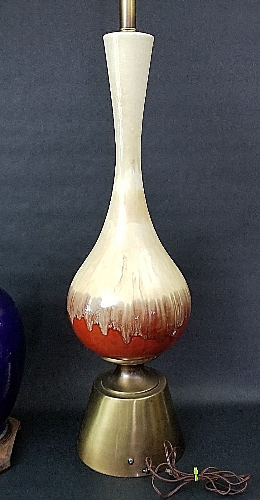 Huge 49" Vintage Torchier Floor Table Lamp Ceramic & Metal Drip Glaze