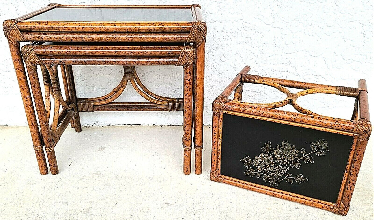 (3) Vintage Tiger Bamboo Rattan Nesting Tables