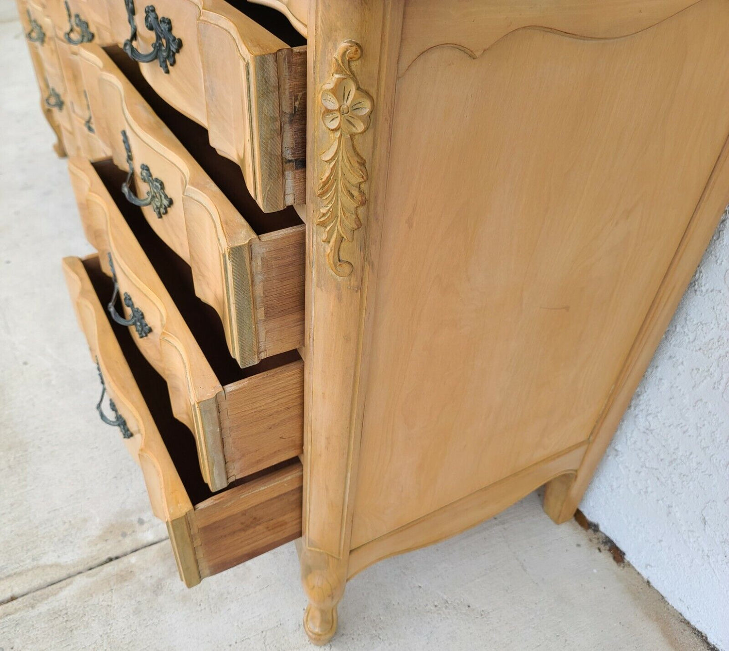 Vintage Dresser Olive Burl Light Wood French Louis XV Sculpted Glass Top