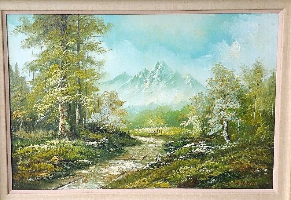 Vtg Estate Signed by Cooper Landscape Oil Painting Mountains Forest Path