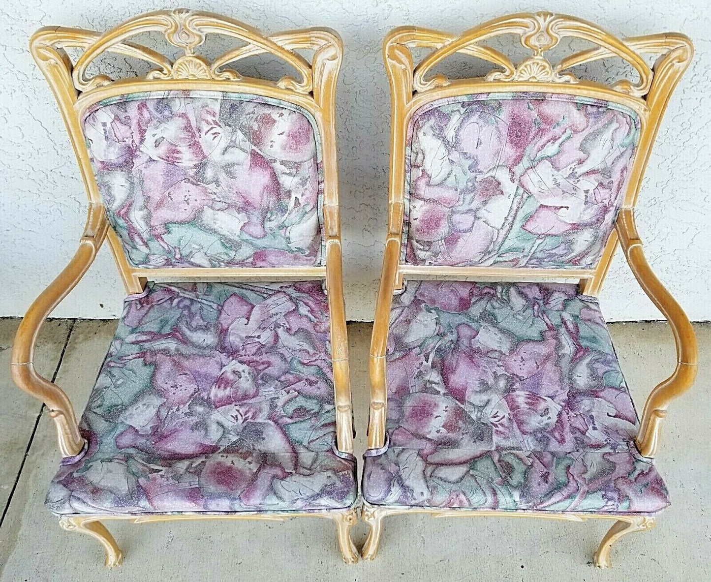 (2) French Provincial Fauteuil Carved Wood Upholstered Accent Chairs Armchairs