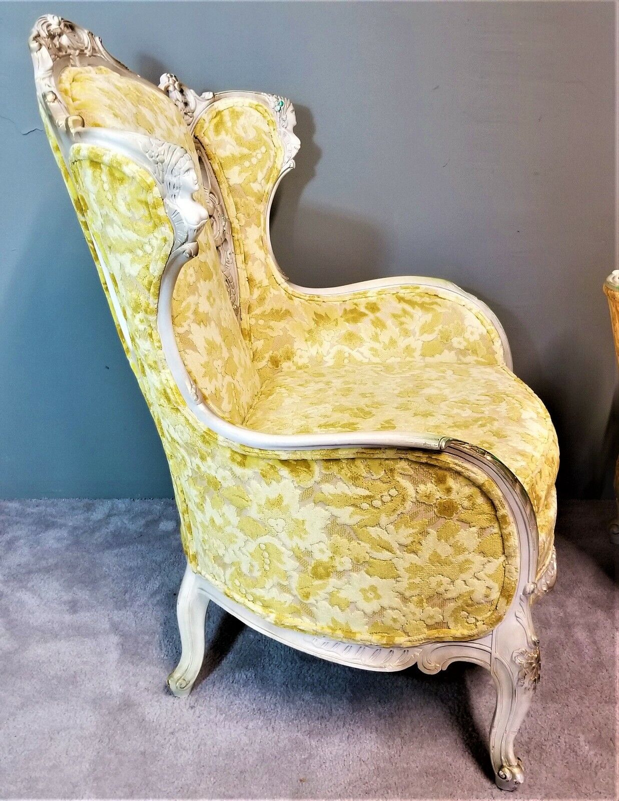 EUC! Antique French Louis XV Rococo Hand Carved Burnout Velvet Wing Back Chair