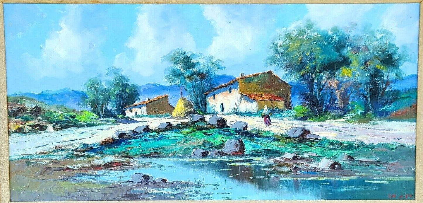 Vintage Signed Cityscape Village Landscape Oil Painting Framed