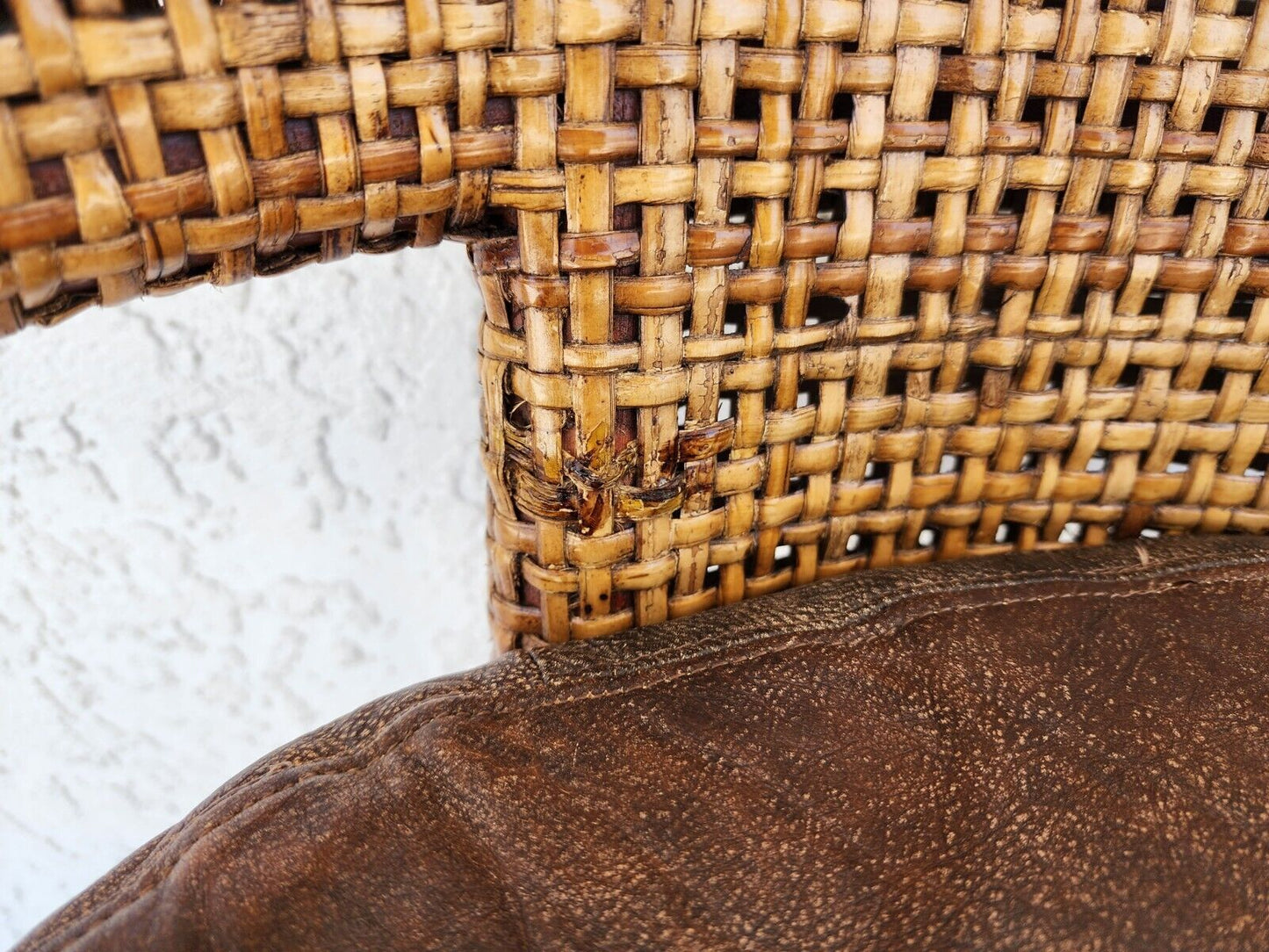 Vintage Bamboo Barstools Caned Backs Leather Rattan