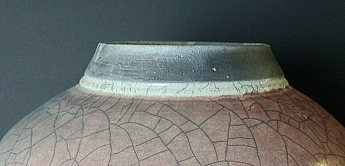 Large Signed Native American Style 2 Tone Crackle Glaze Raku Pottery Vase